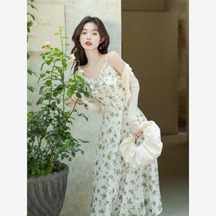 仙气超仙森系吊带碎花连衣裙开衫两件套小个子穿搭一整套雪纺裙子