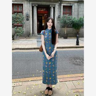 凌茜恣禾新中式碎花改良旗袍女夏小个子刺绣绝美掐腰年轻款连衣裙
