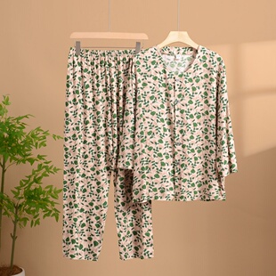 夏季 棉绸 新款 棉绸睡衣女宽松人造棉两件套简约休闲家居服套装