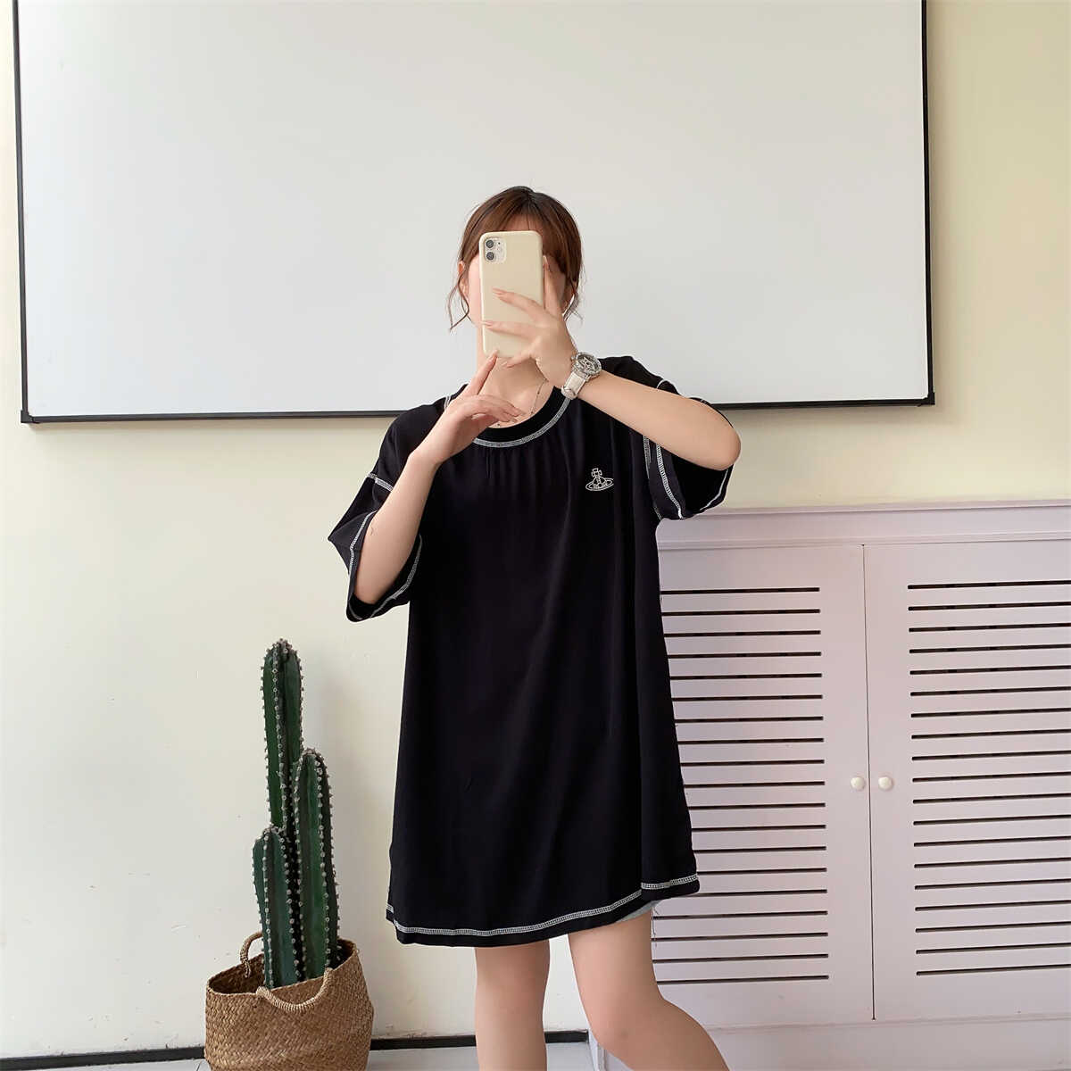 夏季刺绣棉绸人造棉圆领短袖T恤女中长款款宽松休闲百搭大版上衣