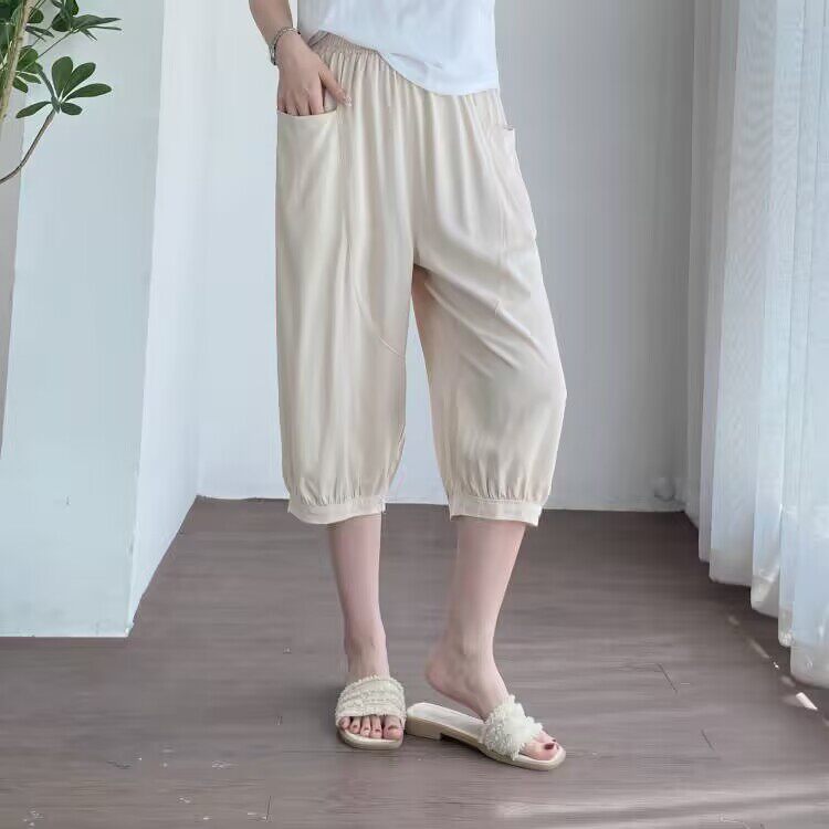 夏季女士棉绸人造棉松紧腰灯笼裤宽松显瘦遮肉休闲七分裤大码裤子