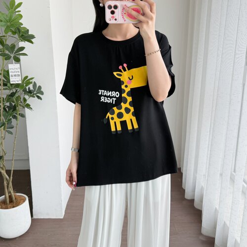 夏季棉绸人造棉长颈鹿印花女T恤