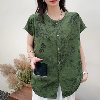 棉绸短袖女夏季薄款宽松大码圆领