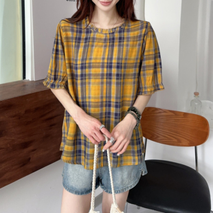 夏季女款棉绸人造棉短袖衬宽松设计感休闲衬衣薄款后开扣花边上衣