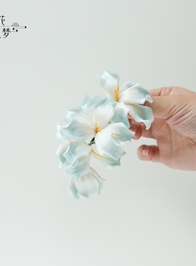 繁花入梦丨纯手工设计非遗绒花发夹蓝色鸢尾花古风发饰新中式配饰