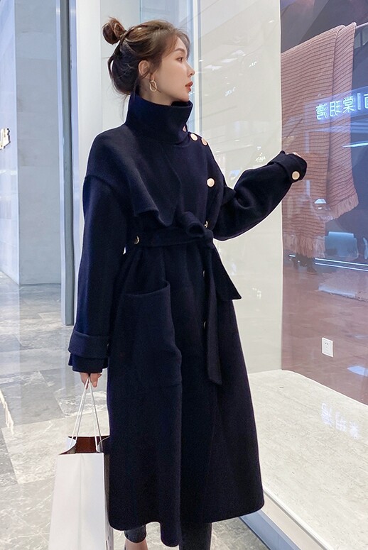 赫本风黑色呢子大衣女秋冬长款2023新款韩系夹棉毛呢外套加厚加棉,女装毛呢外套,依依服饰