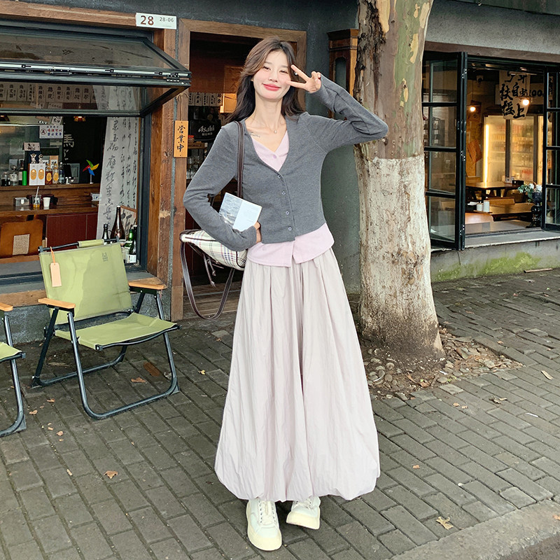 【大货】甜辣撞色针织衫上衣花苞裙俩件套6061-P130控188图片