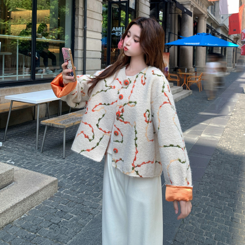 【现货】减龄撞色提花羊羔毛外套B001-8501-P155控238,女装毛呢外套,依依服饰