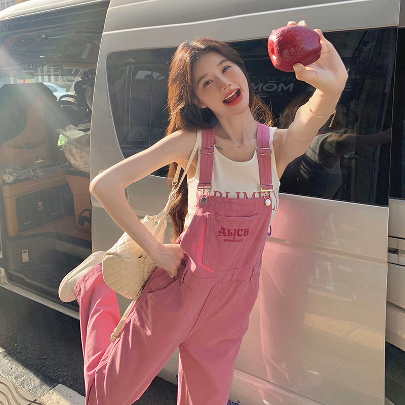 玫红色工装牛仔背带裤长裤女春夏网红爆款桔梗日系奶乎乎阔腿裤，女装连体裤，依依服饰