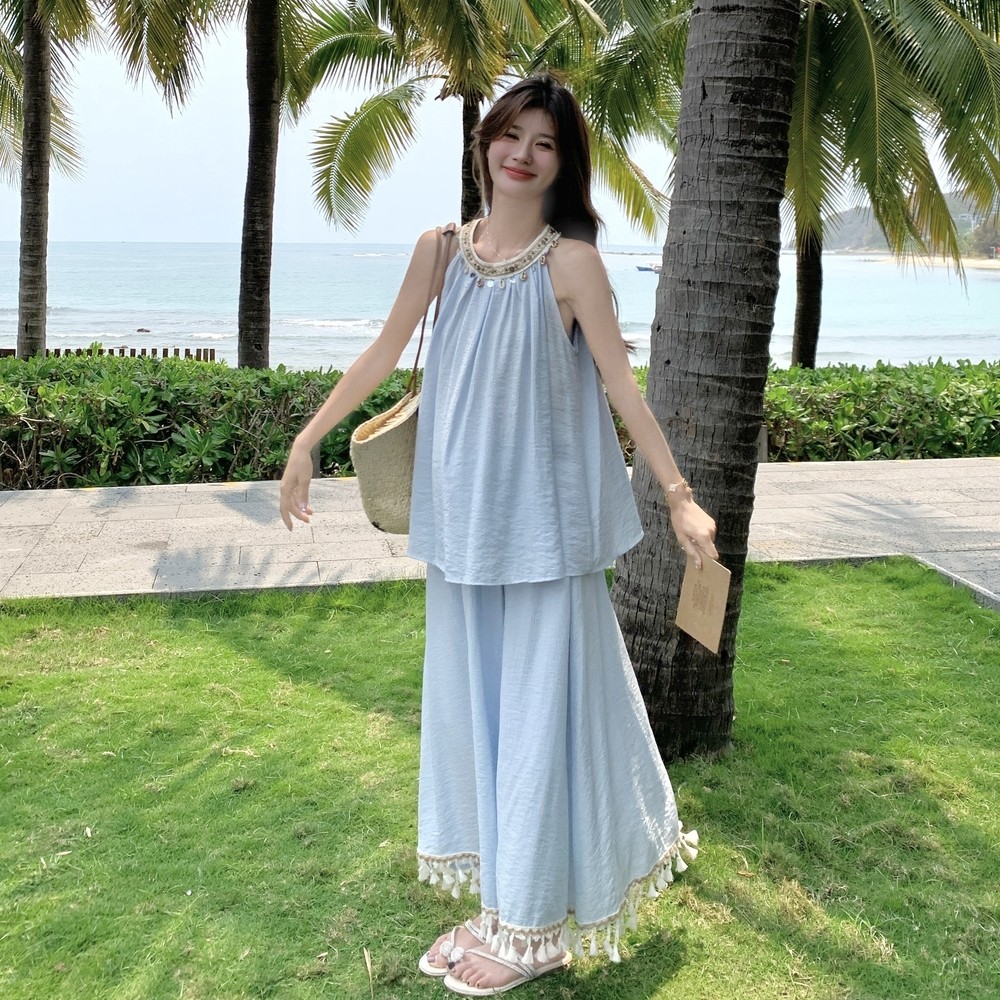 多巴胺穿搭绝美蓝色无袖连衣裙女夏超火慵懒松弛度假背心长裙套装,女装套装/套裙,依依服饰