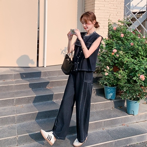 盐系复古薄牛仔套装女2025夏新款高级感毛边马甲阔腿裤休闲两件套图片