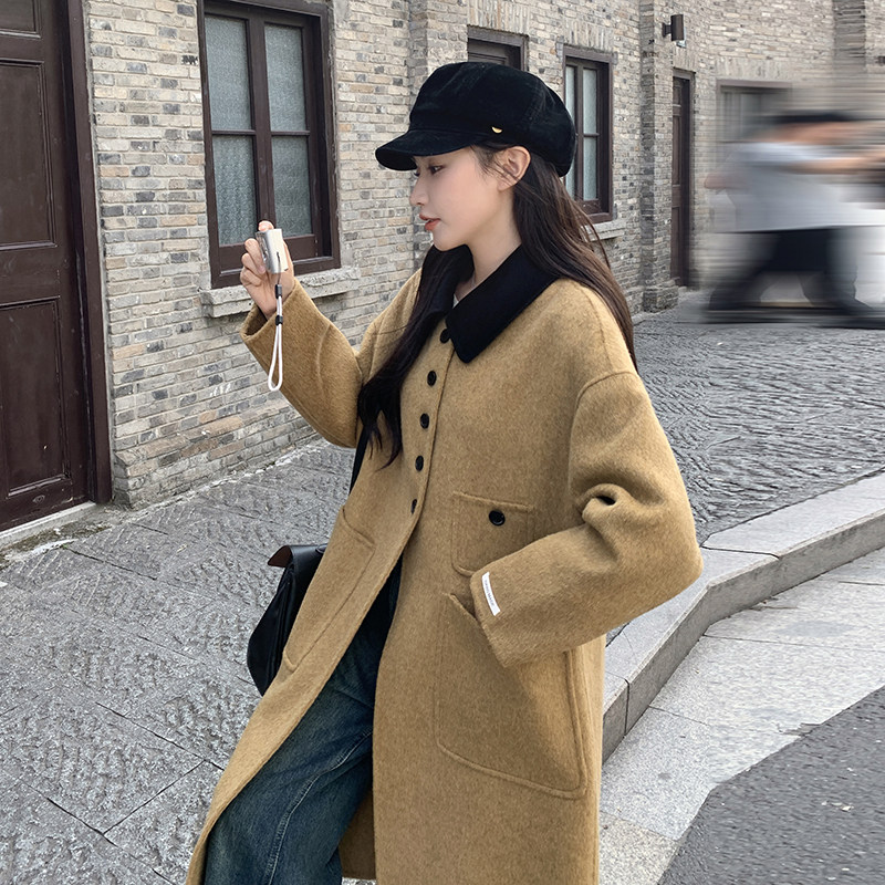 高级感超好看秋叶黄双面羊绒大衣女秋冬2024新款赫本长款毛呢外套,女装羊绒大衣,依依服饰