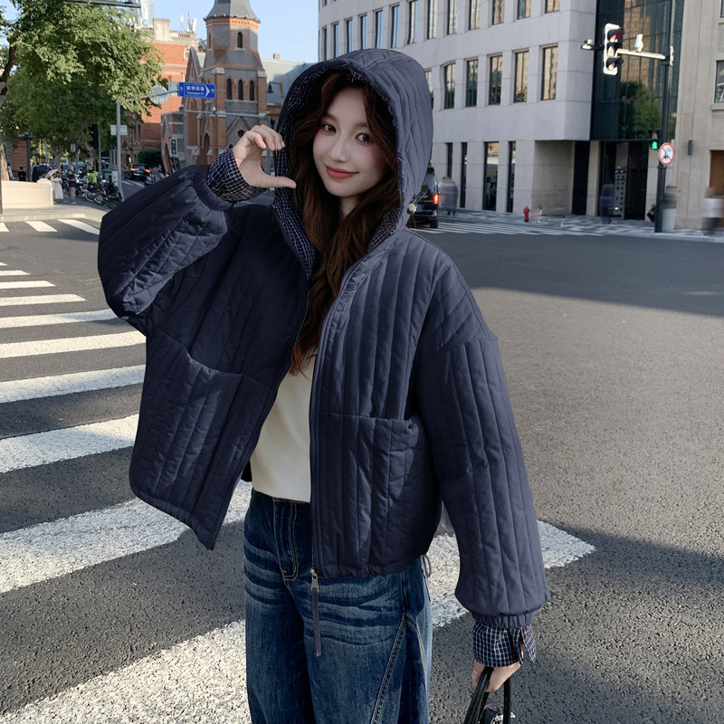 【现货】格子拼接连帽棉服B001-M185-P165控248,女装棉衣/棉服,依依服饰