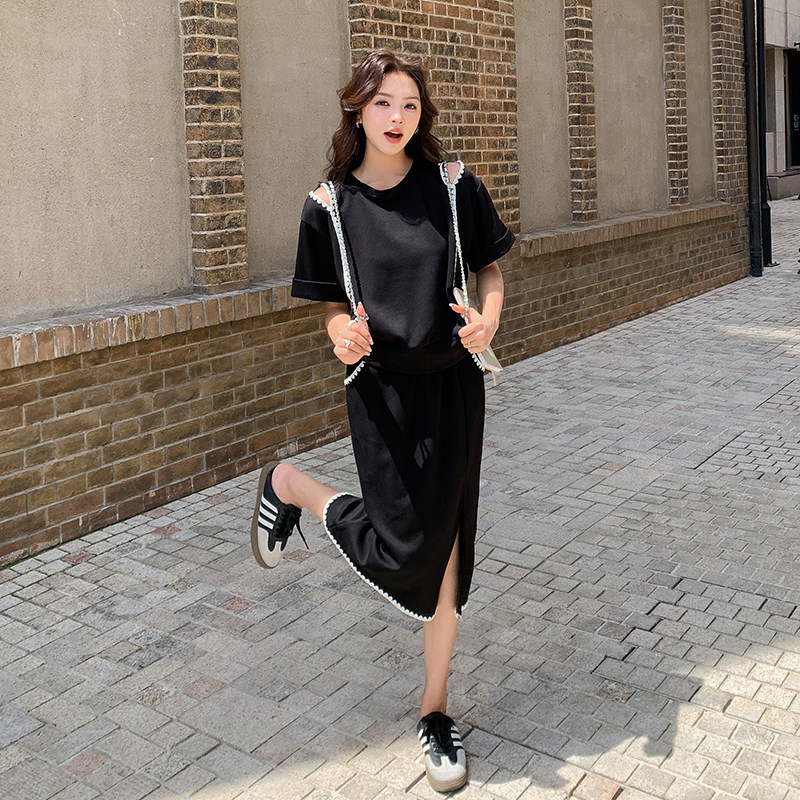 【新款】现货！贝壳绣露肩开叉半身裙套装6053-P115控168,女装套装/套裙,依依服饰