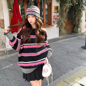 【现货】学院风条纹撞色冷帽针织衫8607-P130控218（配帽子）图片