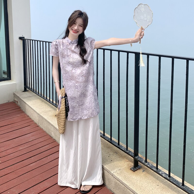 【现货】新中式风禅意上衣+阔腿裤两件套8076-P145控208,女装套装/套裙,依依服饰