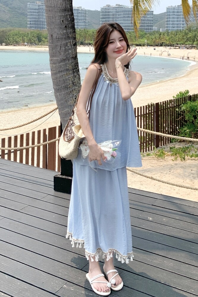 多巴胺穿搭绝美蓝色无袖连衣裙女夏超火慵懒松弛度假背心长裙套装,女装套装/套裙,依依服饰