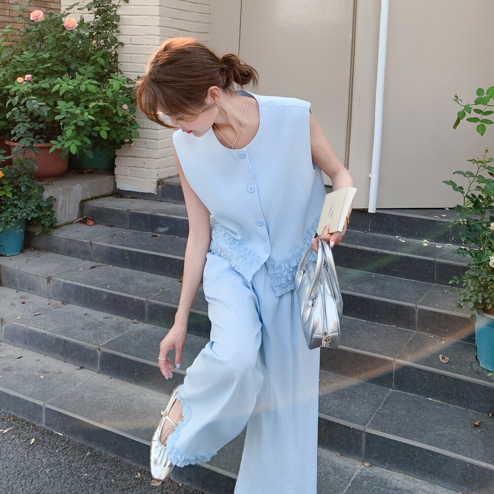 现货！盐系木耳边马甲阔腿裤两件套8032-P155控228有买家秀，女装套装/套裙，依依服饰