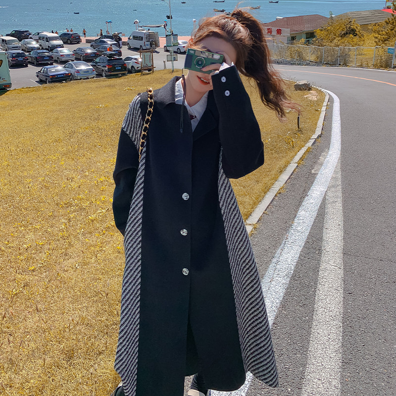 赫本风拼接毛呢外套女2024冬季新款加厚韩系过膝修身显瘦呢子大衣,女装毛呢外套,依依服饰