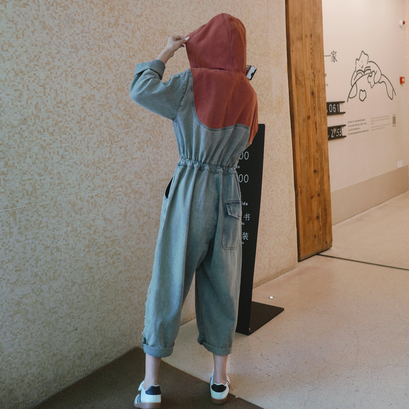 长袖牛仔连体裤女春秋季2025新款小个子设计感宽松休闲阔腿连衣裤,女装牛仔裤,依依服饰