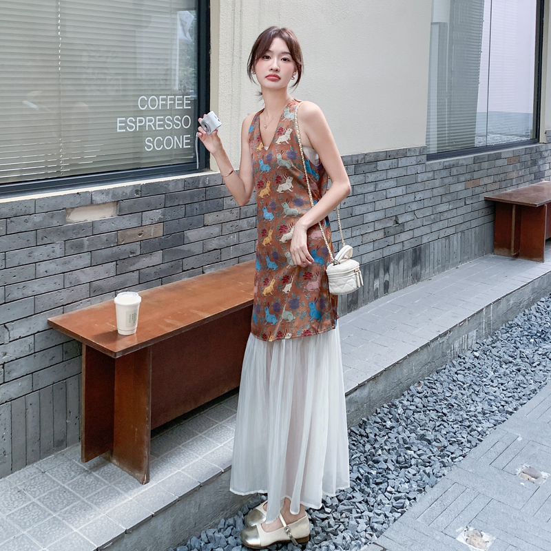 【现货】复古时尚拼接无袖假两件连衣裙8080-P145控218，女装连衣裙，依依服饰
