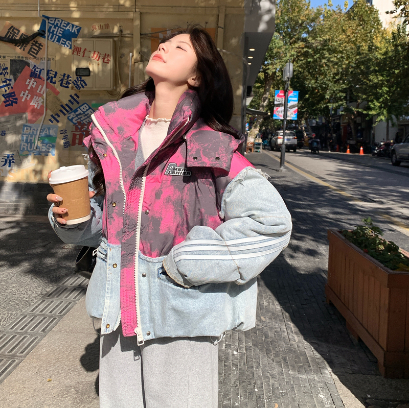 【新品现货】牛仔晕染拼接50绒羽绒服B001-M211-P310控438，女装羽绒服，依依服饰