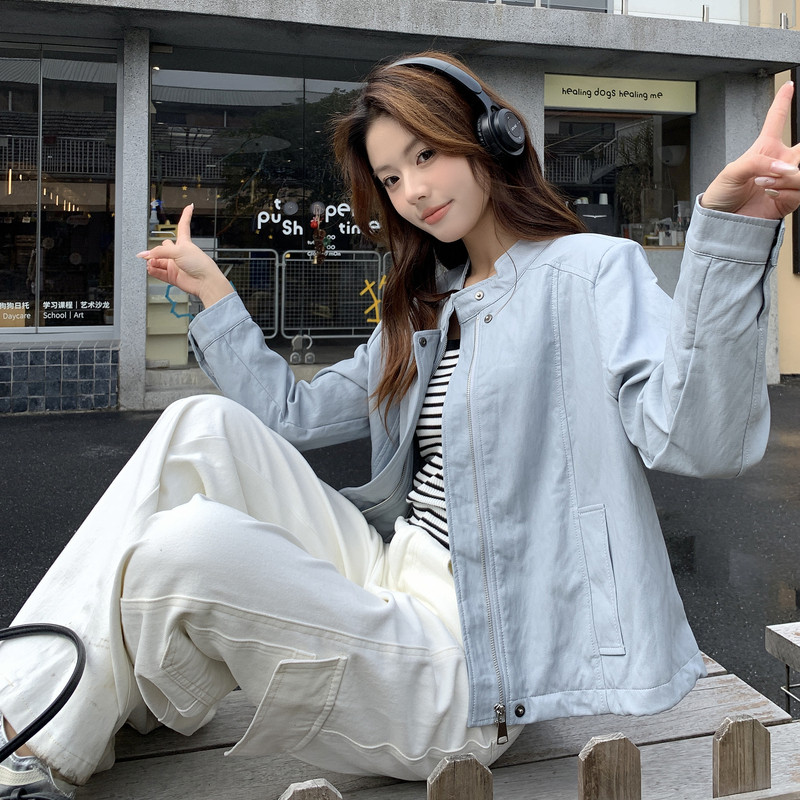 新品现货！甜酷港风立领奶蓝色极简皮衣B001-8613-P160控258，女装皮衣，依依服饰