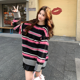 新品现货！学院风条纹撞色冷帽针织衫8607-P130控218（配帽子），女装针织衫/毛衣，依依服饰