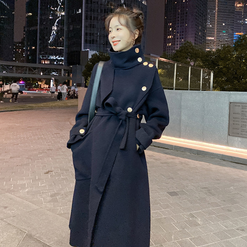 赫本风黑色呢子大衣女秋冬长款2023新款韩系夹棉毛呢外套加厚加棉,女装毛呢外套,依依服饰