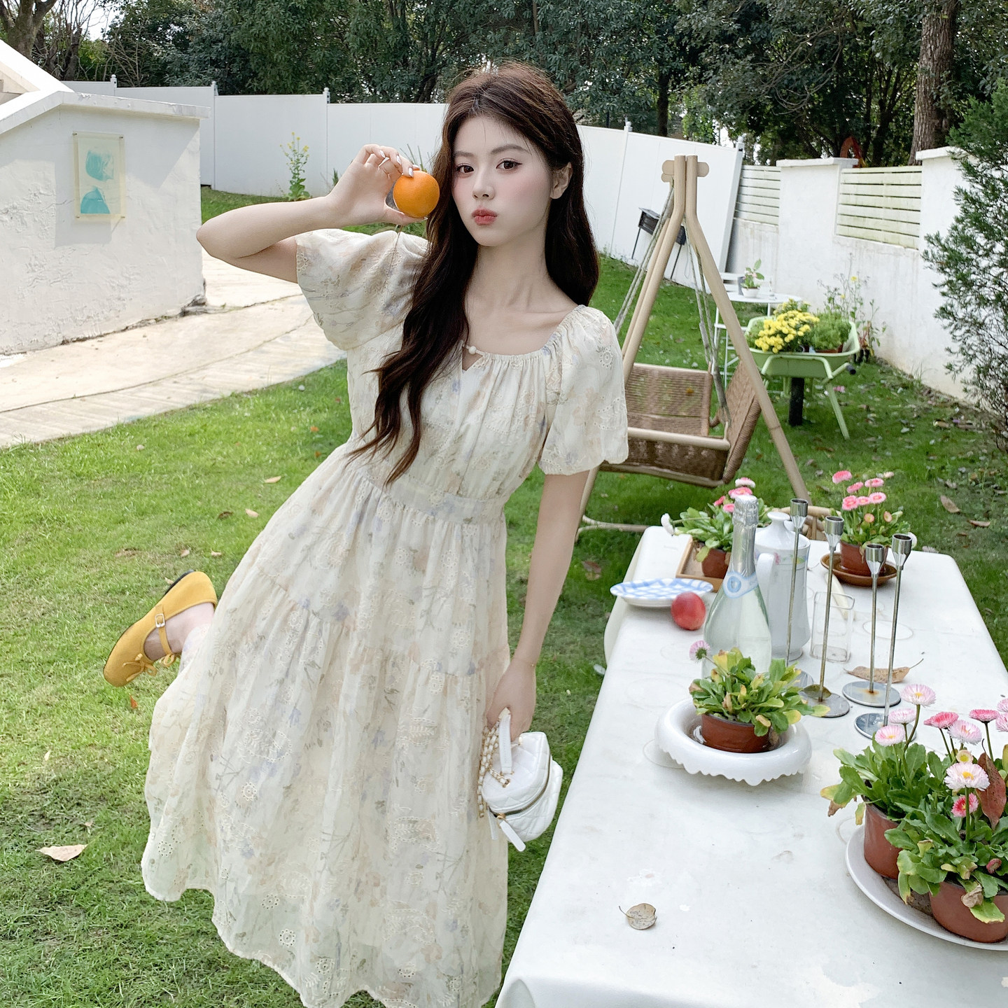 【大货】泡泡袖茶歇碎花雪纺连衣裙2C521-8710-P135控218，女装连衣裙，依依服饰