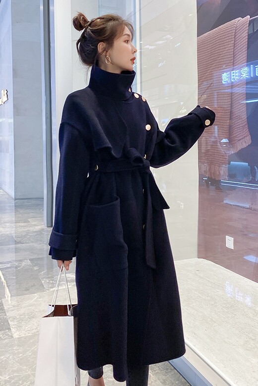 赫本风黑色呢子大衣女秋冬长款2023新款韩系夹棉毛呢外套加厚加棉,女装毛呢外套,依依服饰