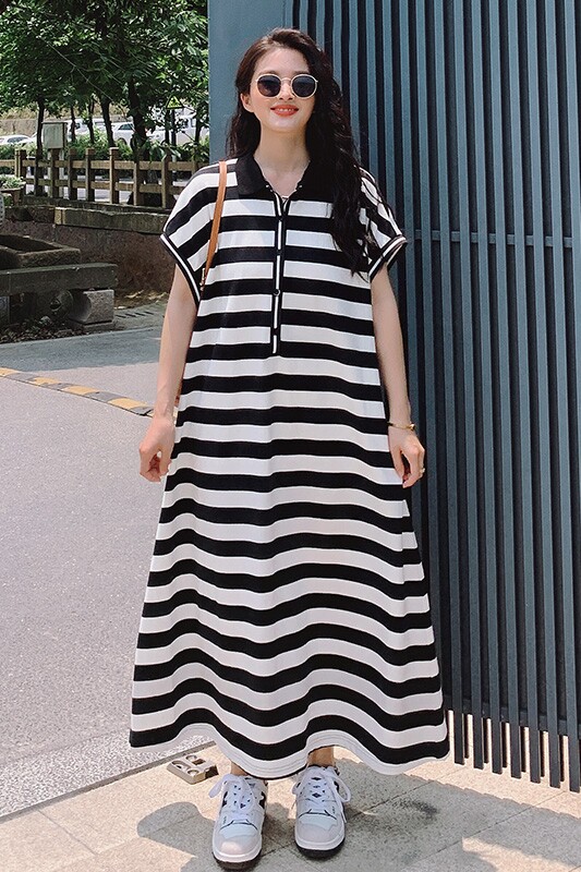 新品出货！慵懒小众露背条纹Polo领连衣长裙2261-P105控158,女装连衣裙,依依服饰