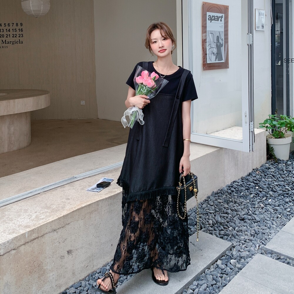【现货】独特减龄T恤蕾丝拼接背带裙俩件套001-8037P145控208,女装连衣裙,依依服饰