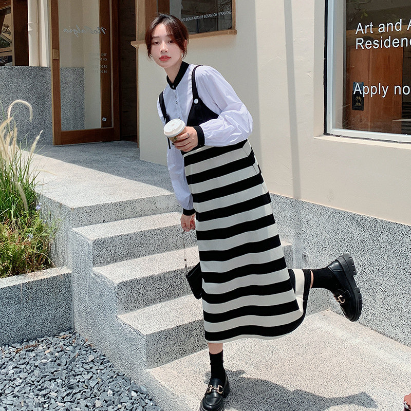 盐系条纹背带裙套装女2025春秋季新款法式显瘦设计感连衣裙两件套,女装套装/套裙,依依服饰