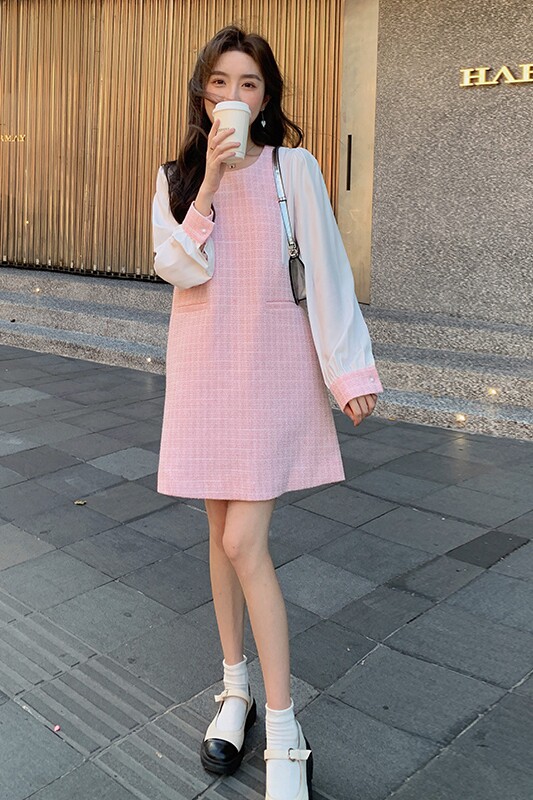 【图出货】小香风粗花呢拼接气质法式连衣裙2281-P115控168,女装连衣裙,依依服饰