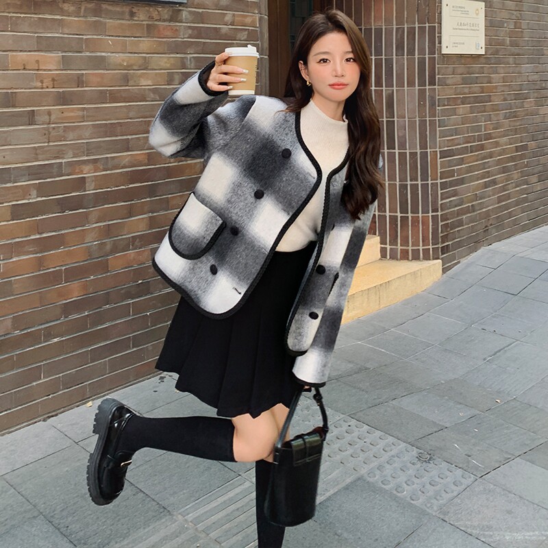小香风格纹双面羊绒大衣女2023秋冬新款高级感韩系短款羊毛呢外套图片