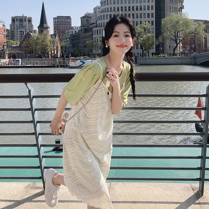 法式白色宽松蕾丝长裙女夏2025新款吊带连衣裙叠穿t恤裙两件套装,女装套装/套裙,依依服饰