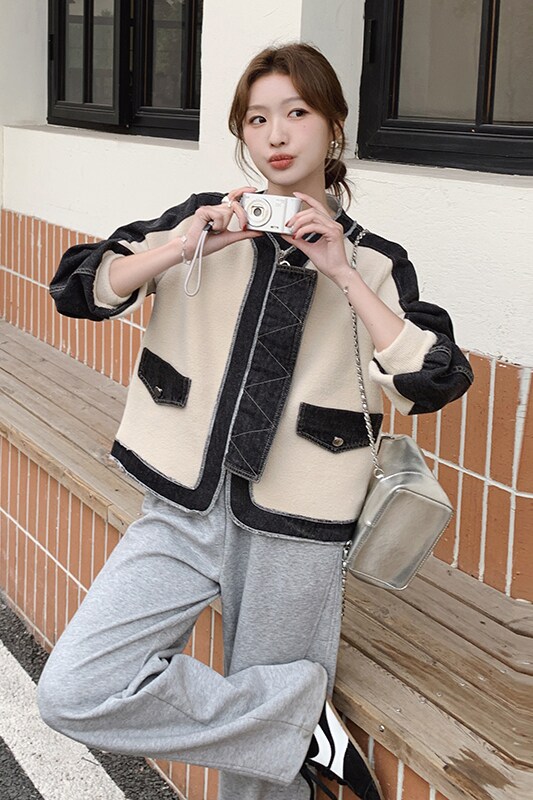 【现货】韩系牛仔拼接毛呢外套B001-8506-P155控238,女装卫衣/绒衫,依依服饰