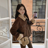 【图】咖色韩系麂皮绒皮毛一体外套6206P185控268配同款包包，女装皮草，依依服饰