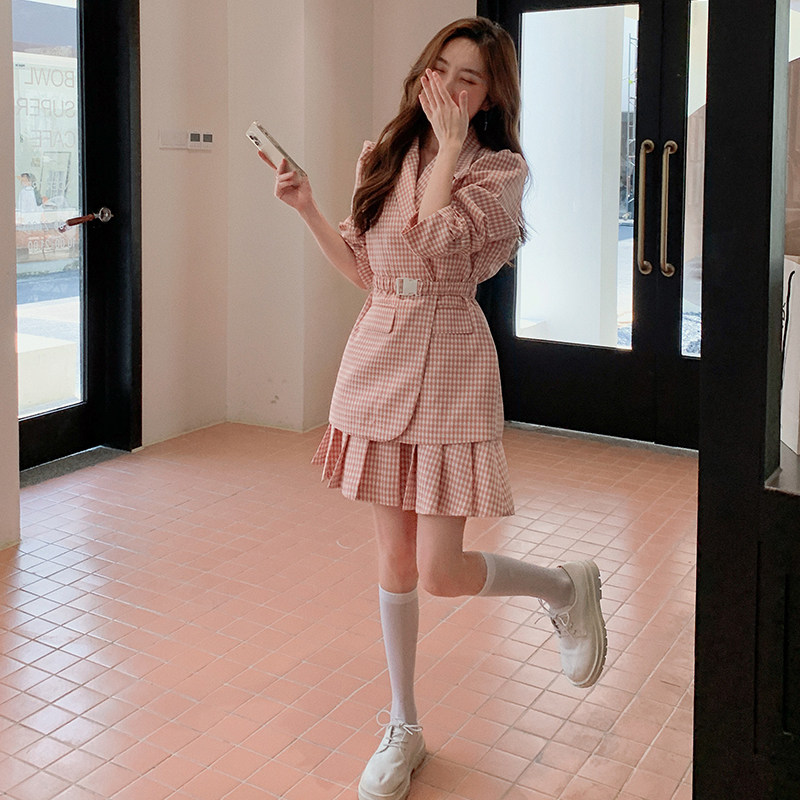 新款出货！学院风粉色格子西装+百褶裙两件套2268P150控218,女装套装/套裙,依依服饰