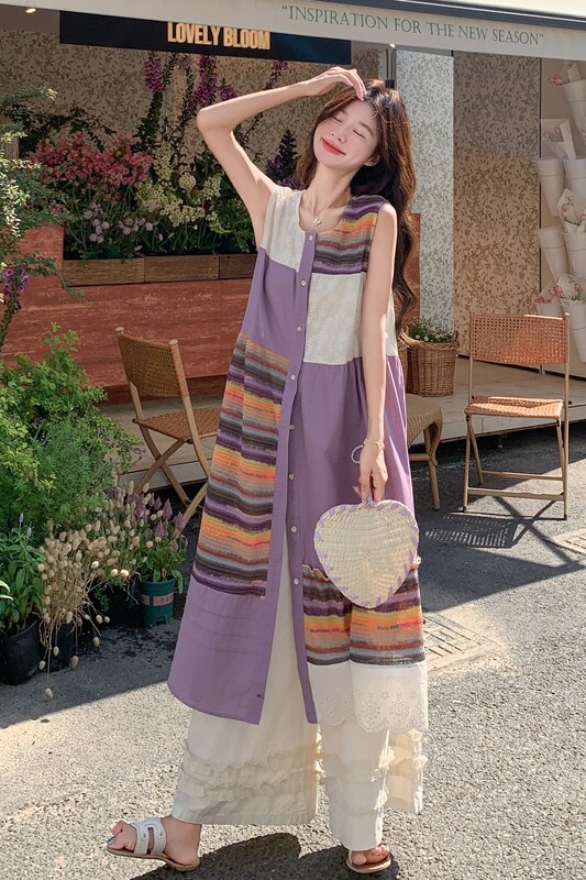 【新品】日系复古文艺针织条纹背心裙+阔腿裤8061-P185控268,女装连衣裙,依依服饰