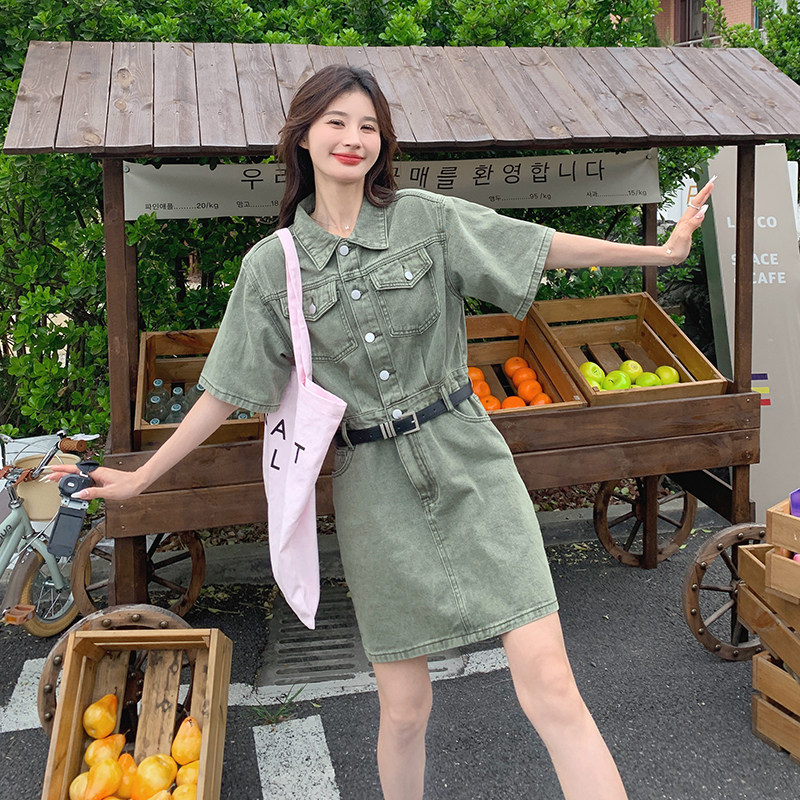 绿色复古牛仔连衣裙女2025新款夏季小个子休闲时尚气质工装短裙子，女装连衣裙，依依服饰