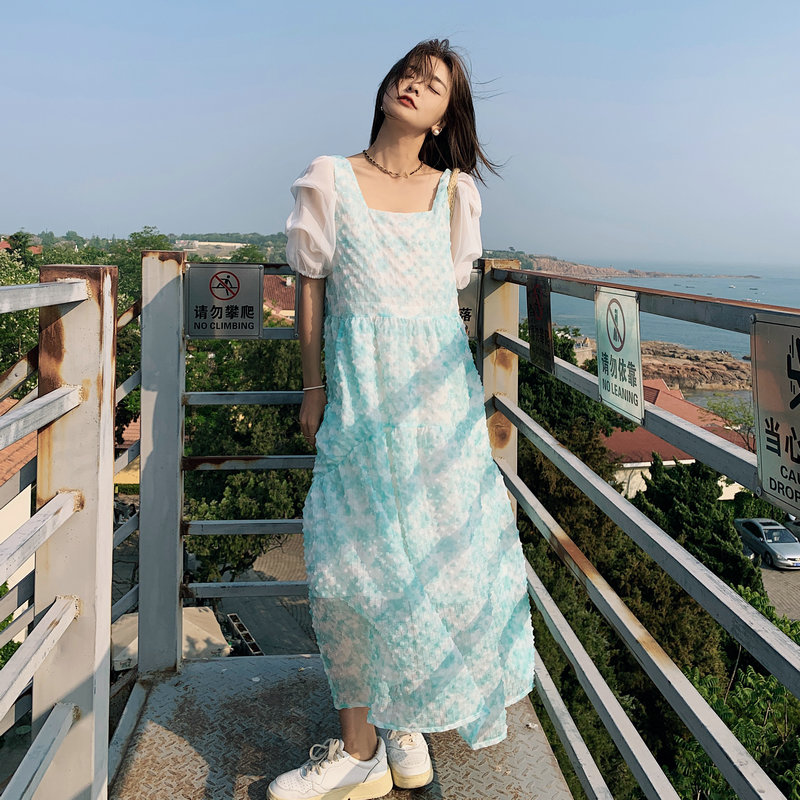 新品出货！超仙森系泡泡袖晕染色网纱裙2258-P115控168有,女装连衣裙,依依服饰