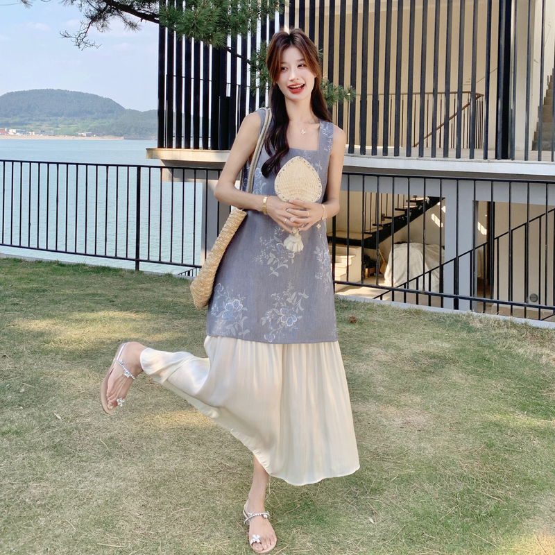 【现货】设计感复古印花假两件拼接连衣裙8081-P145控218，女装连衣裙，依依服饰