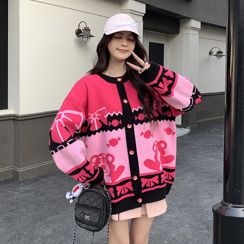 韩系多巴胺短款拼色针织开衫外套女春秋超火好看高级小众夹克上衣,女装短外套,依依服饰