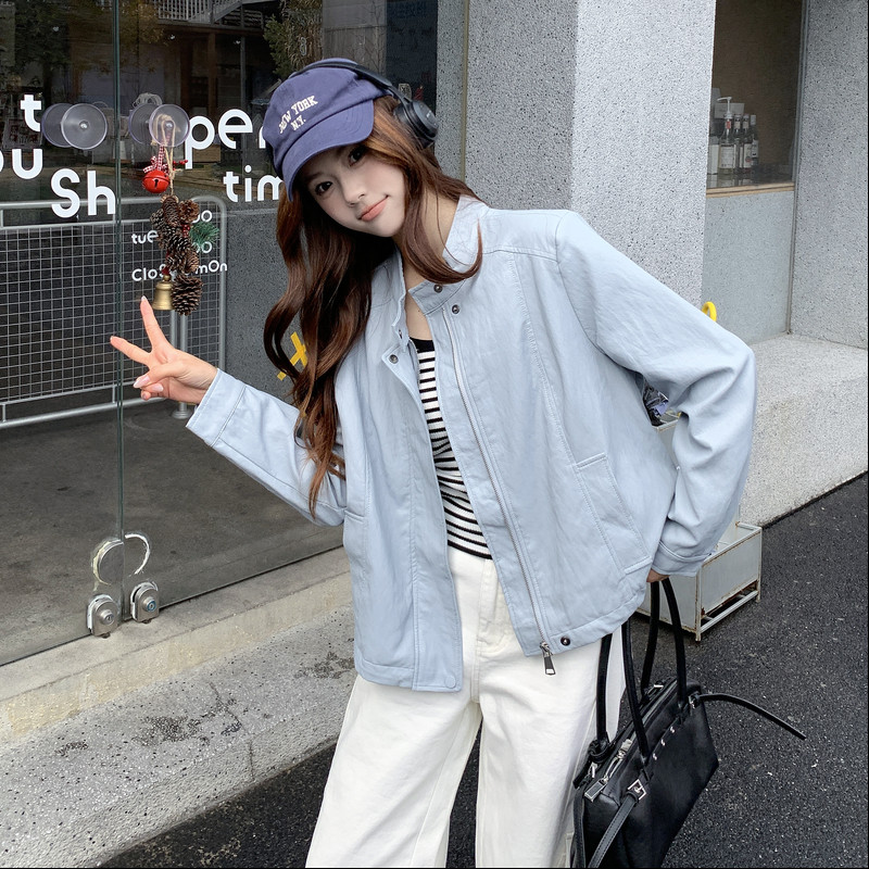 【现货】甜酷港风立领奶蓝色极简皮衣B001-8613-P160控258,商品下架区,依依服饰