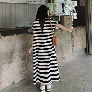 新品出货！慵懒小众露背条纹Polo领连衣长裙2261-P105控158,女装连衣裙,依依服饰