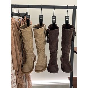 复古英伦风粗跟厚底长筒靴女2025新款 美式 秋冬小个子增高骑士