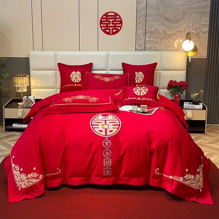 恒源祥集团全棉婚庆四件套纯棉新中式婚庆彩羊大红色结婚陪嫁套件