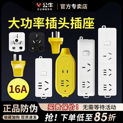 公牛大功率插座插头16a安4000w热水器专用插排插不带线带开关无线